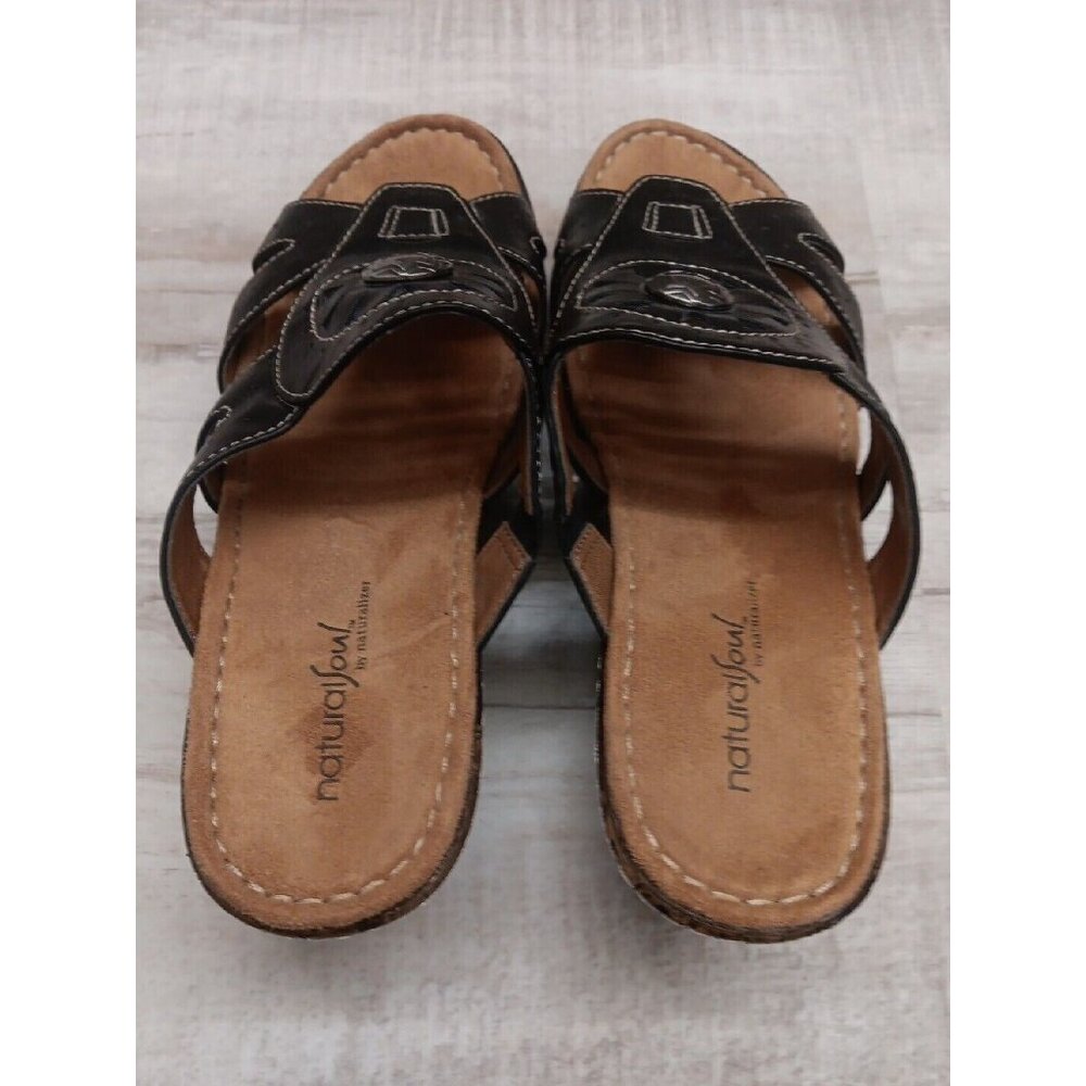 ✅Natural Soul By Naturalizer Slip-On Black Faux Leather Sandals Womens 9.5M Shoe - Picture 9 of 10